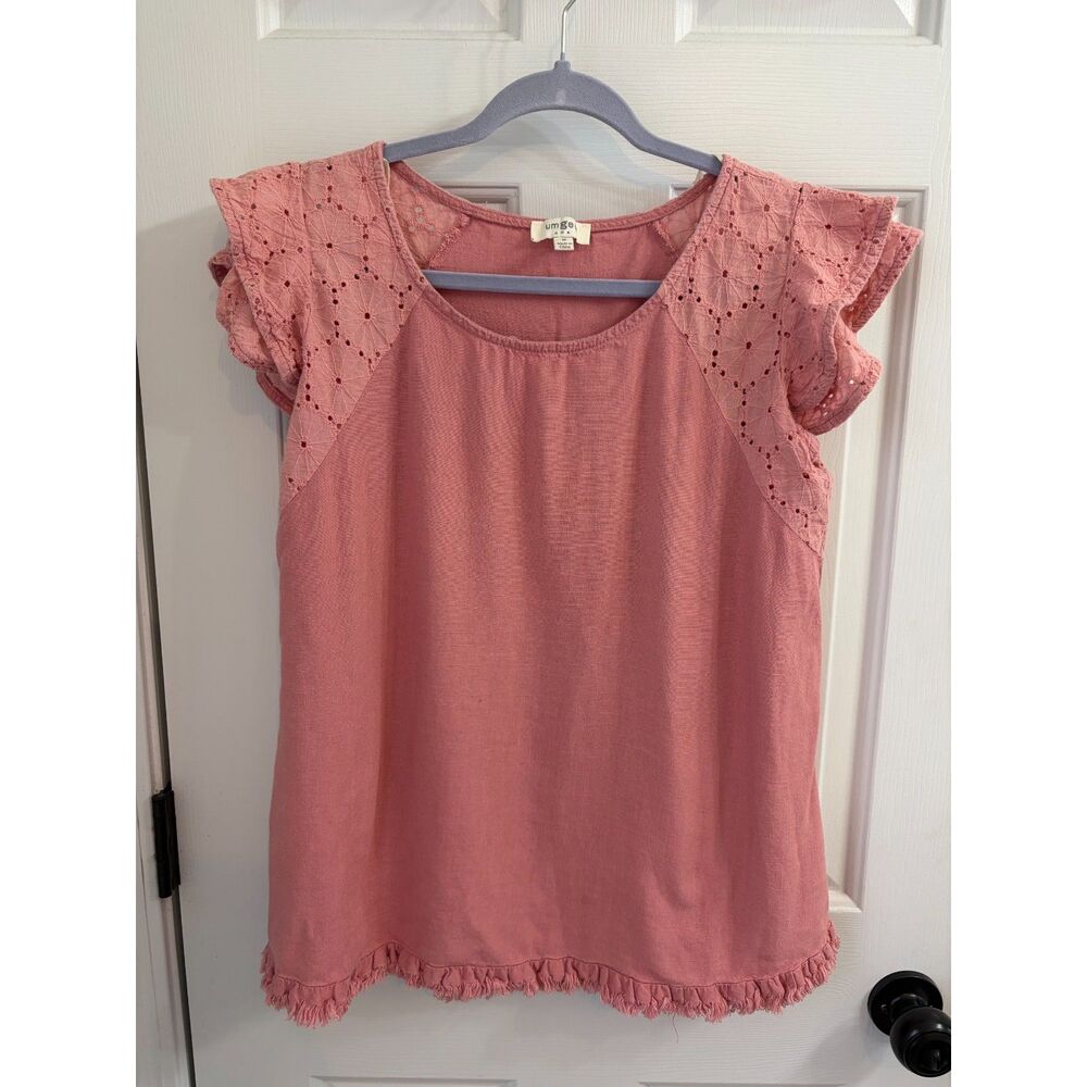 Umgee Linen Cotton Blend Lace Sleeve Pink Blouse Top Boho Size M